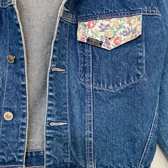 Virtue Jeans Casual Collection Denim Jacket Floral Print Pockets Lined 80s 90s M - Picture 8 of 9